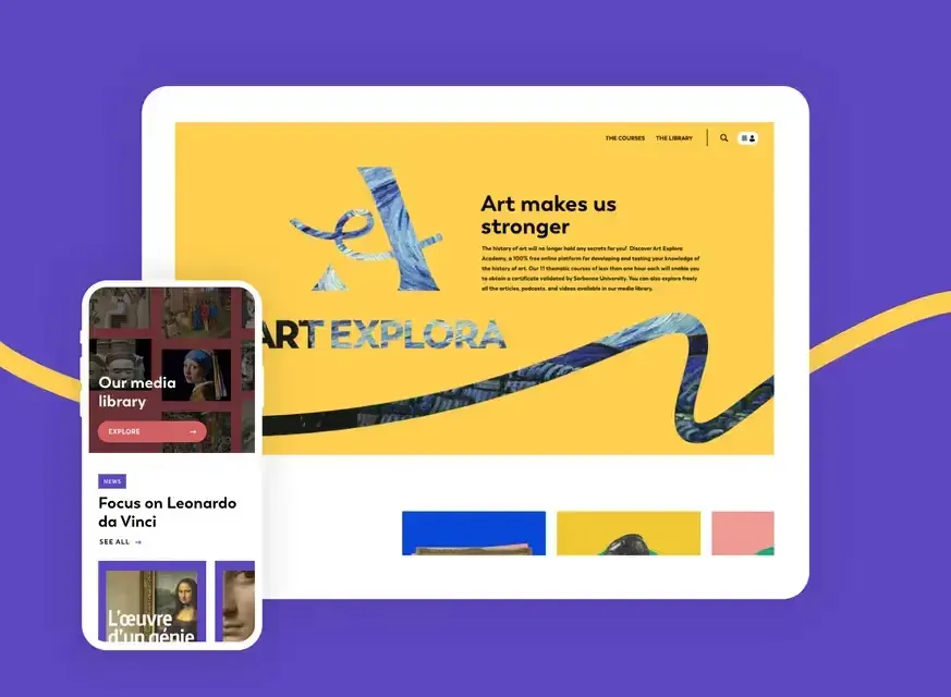 La plateforme Art Explora Academy sur ordinateur et sur mobile
